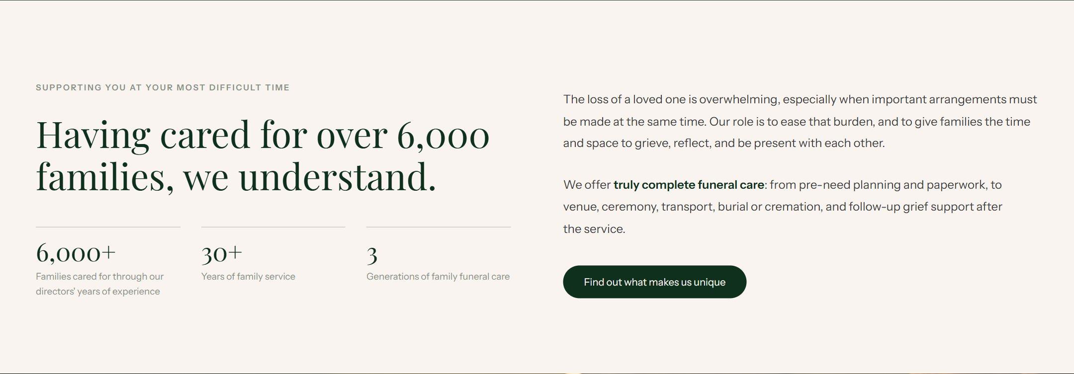 The introduction: Having cared for over 6,000 families, we understand, set in a serif on warm paper.