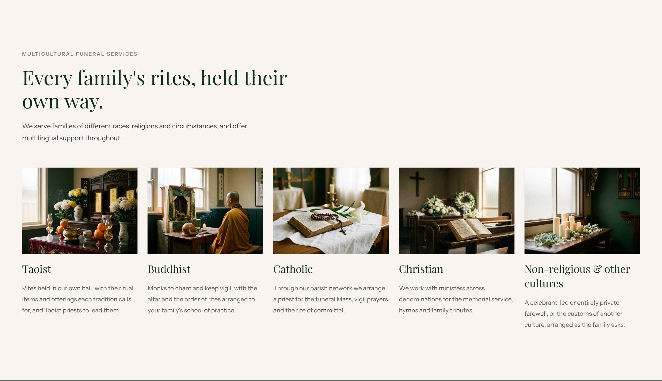 Every family's rites, held their own way: one photograph for each tradition the business serves.