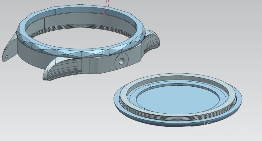 The case and caseback modelled in CAD.