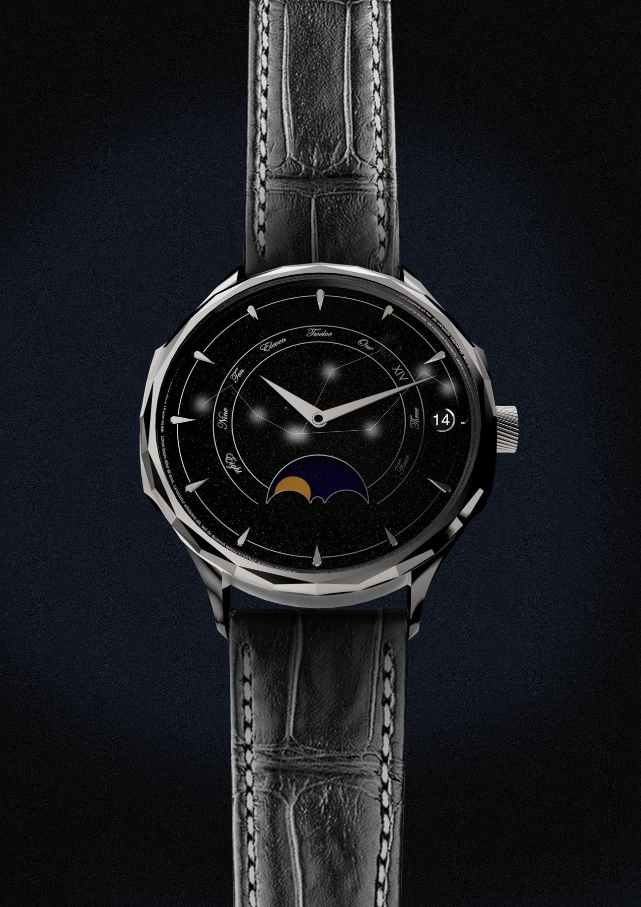 The watch on a black alligator strap, against midnight blue.