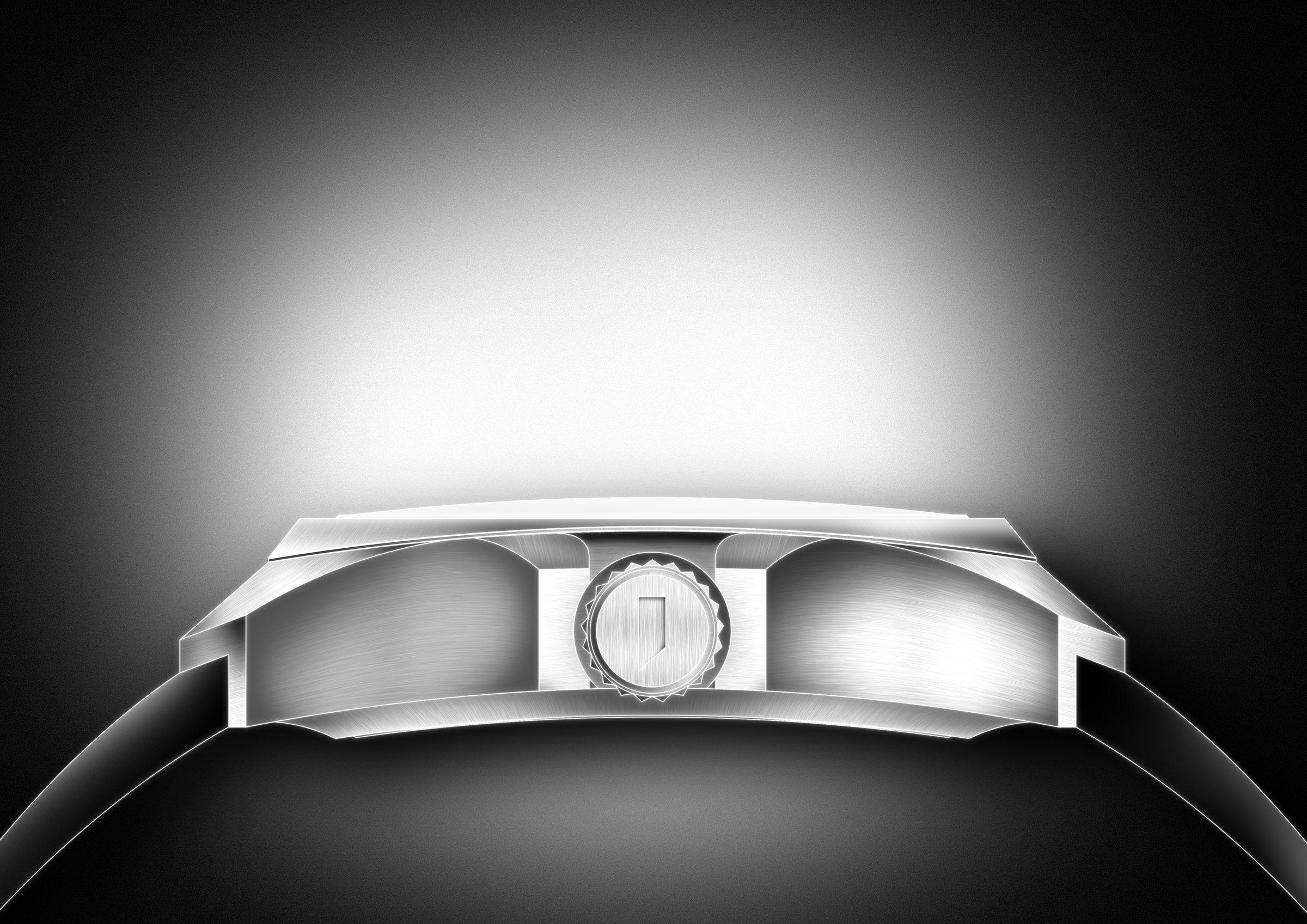 The case in elevation, lit from above against black.
