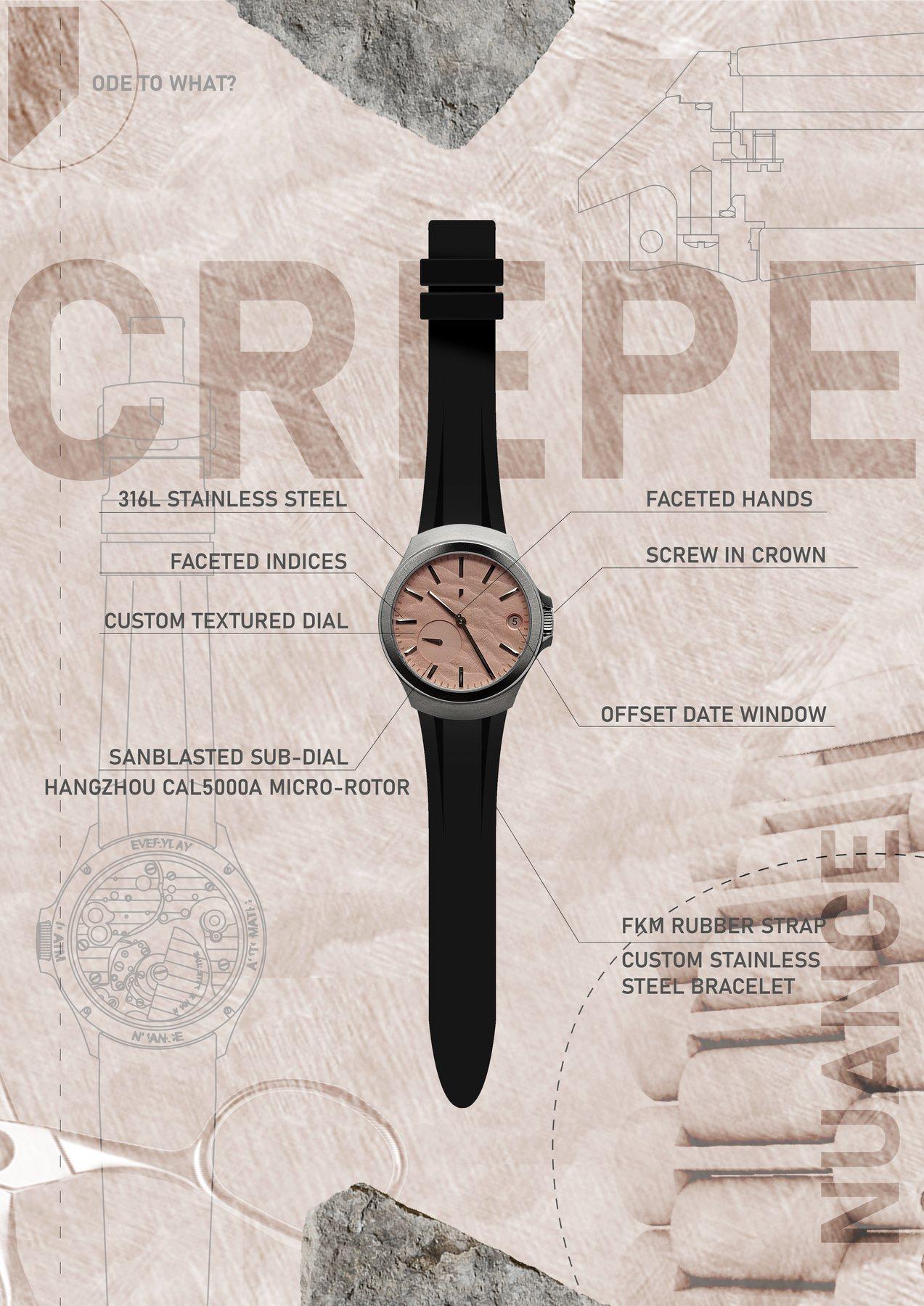 The Crêpe poster: a pink-dial watch on blush paper under the word CREPE.
