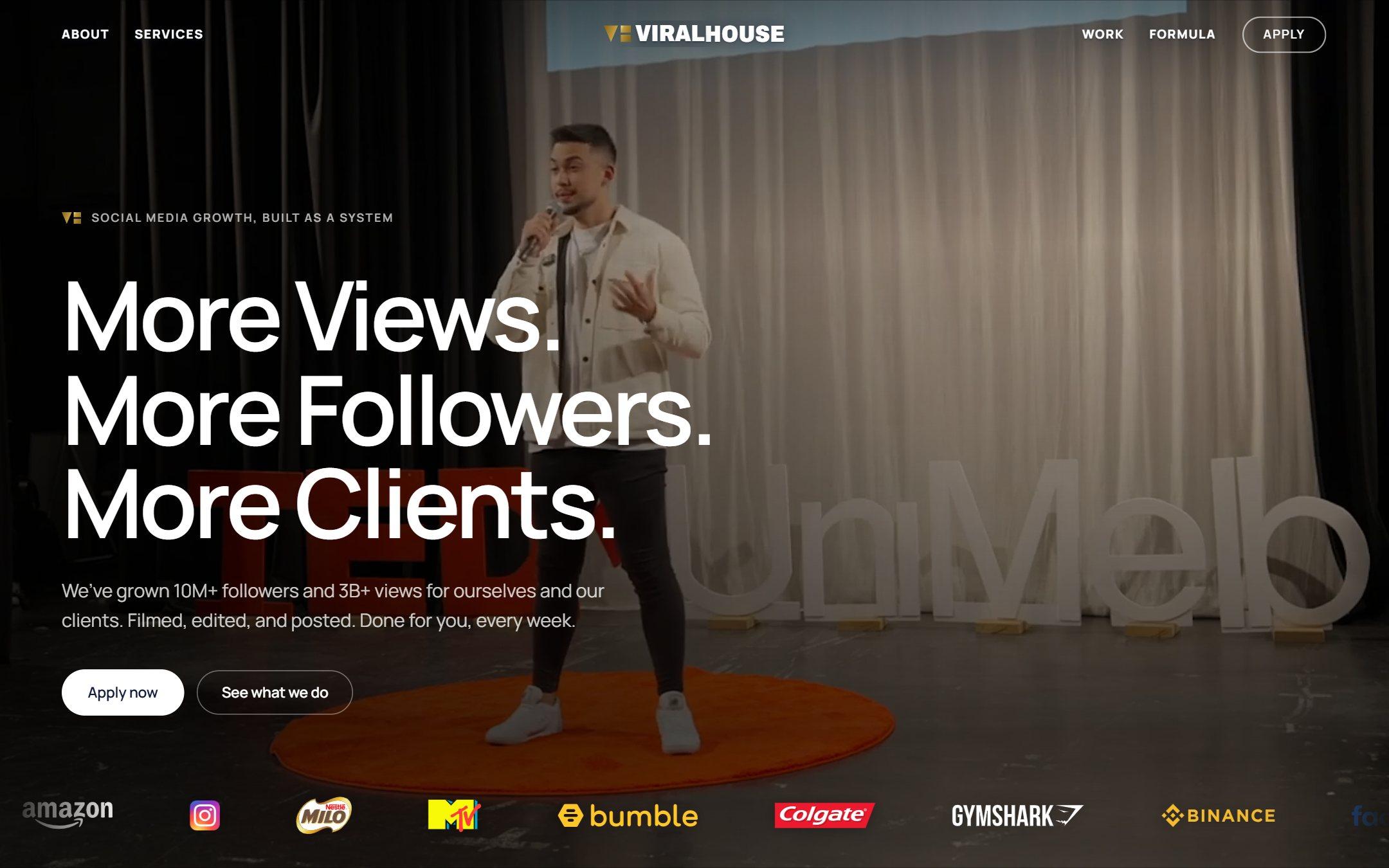 The ViralHouse homepage: Jamie Zhu on the TEDx stage, behind the headline More Views. More Followers. More Clients.