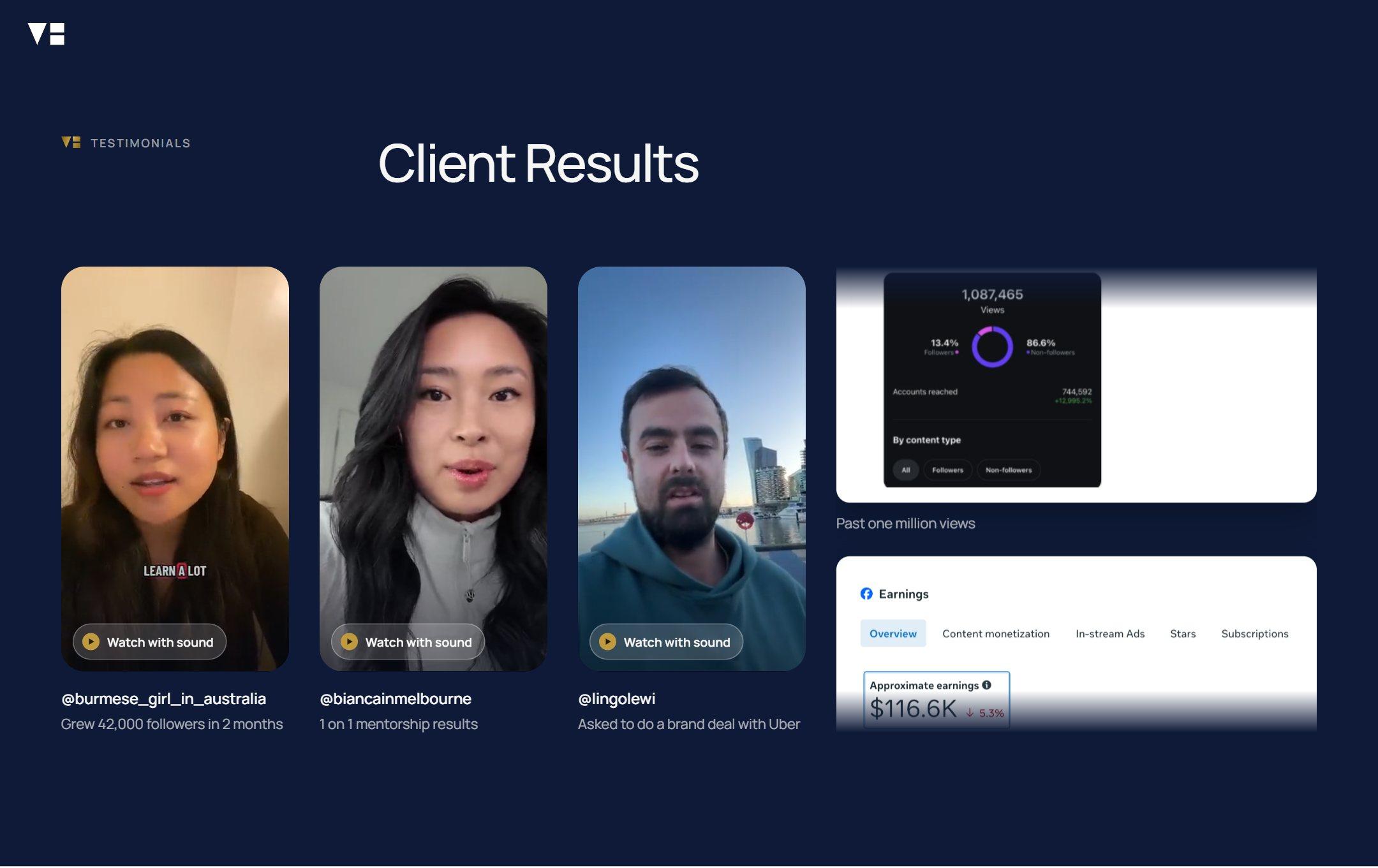 Client results: videos from the agency's clients, each with its handle and what it achieved.